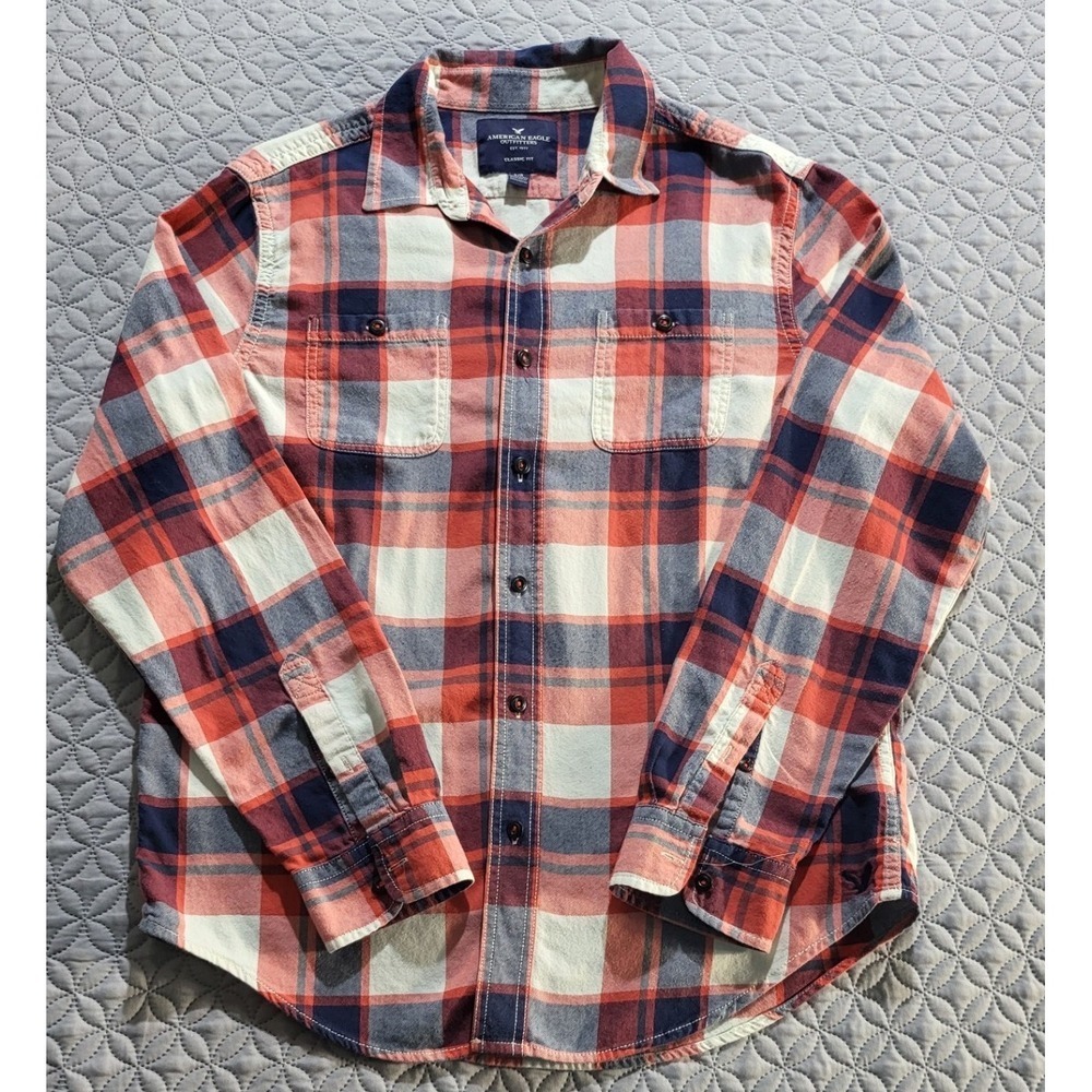 American Eagle Flannel Shirt Classic Fit Button Up Plaid Red Blue Size‎ M - Picture 2 of 12